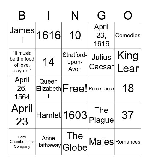 Shakespeare BINGO Card