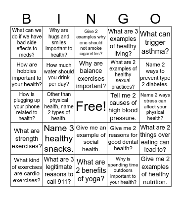 Healthy Living Bingo Card