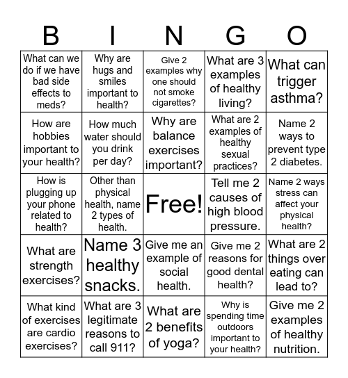Healthy Living Bingo Card