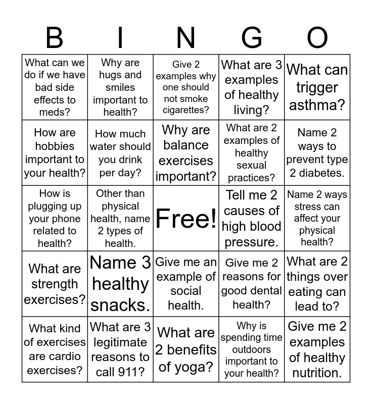 Healthy Living Bingo Card