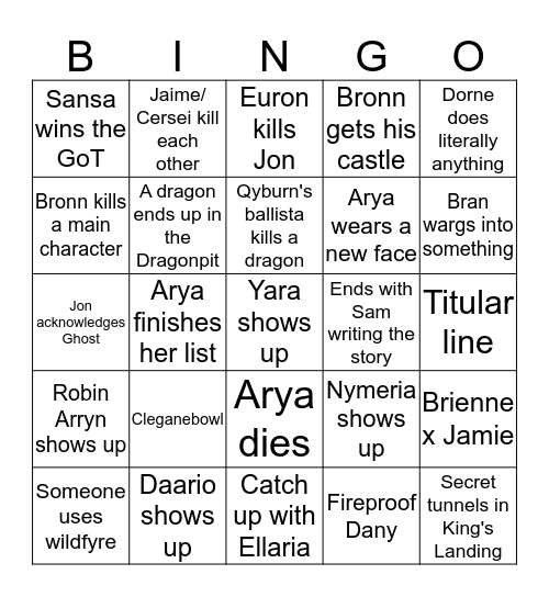 Game of Thrones Half-Season Bingo Card