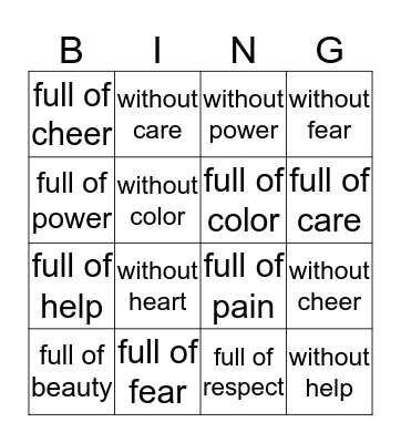 Suffixes Bingo Card