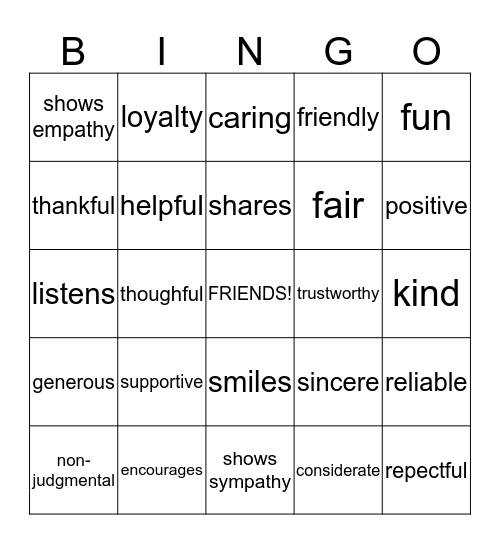 Friendship qualities Bingo Card