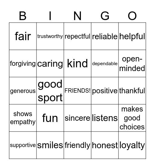 Friendship qualities Bingo Card