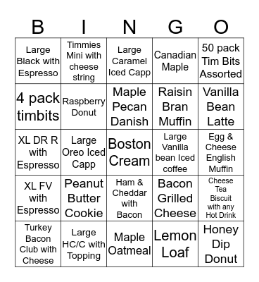 Tim Hortons Bingo Card