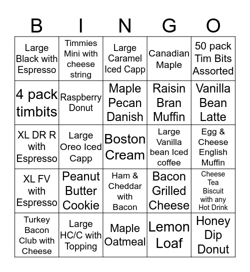 Tim Hortons Bingo Card