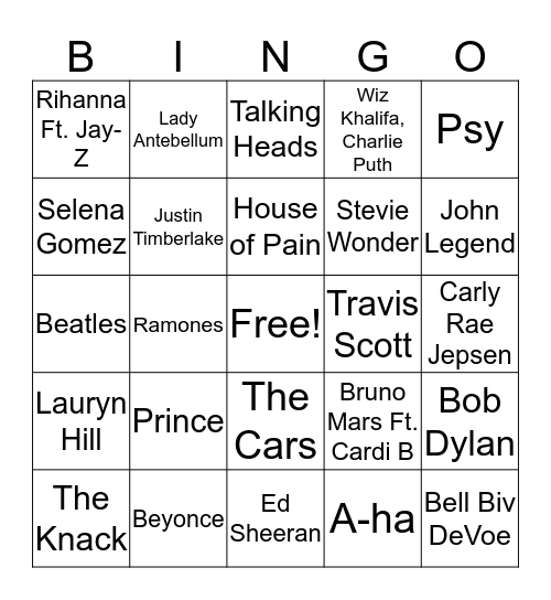 Music - Name the Artist Bingo Card