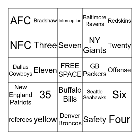 SOS Super Bowl I Bingo Card