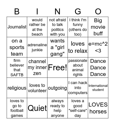 Get to know me Bingo Card
