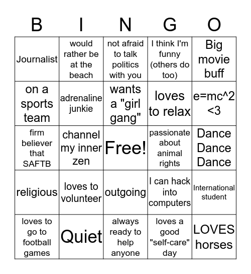 Get to know me Bingo Card
