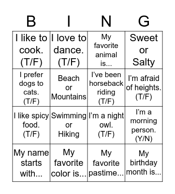 Name:__________________ Bingo Card