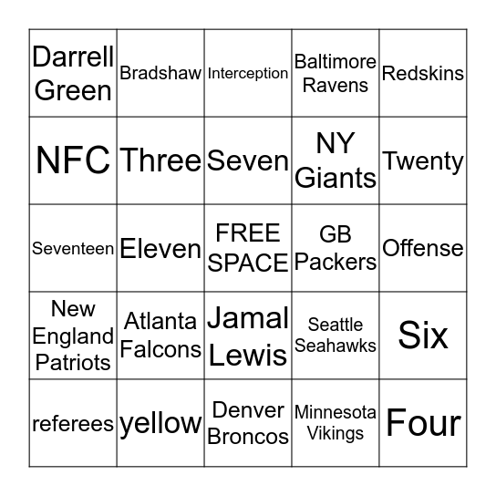 SOS Super Bowl I Bingo Card