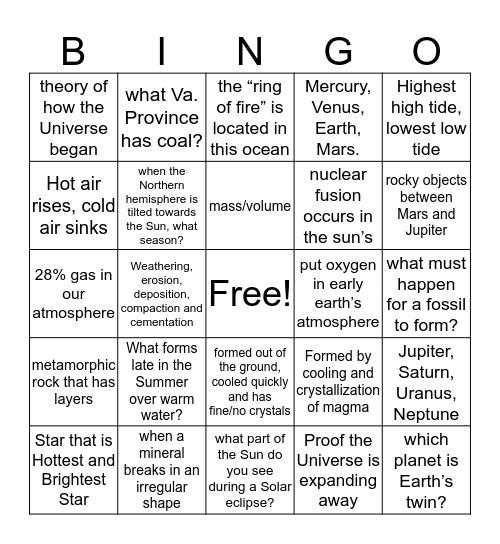 SOL Review Bingo Card