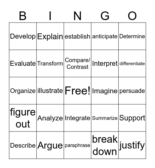 Vocabulary Bingo Card