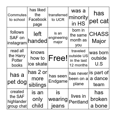 SAF  Bingo Card