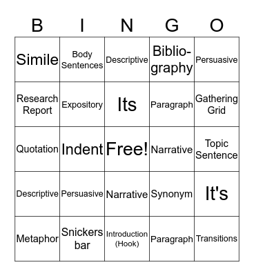 Writing Class Bingo Card