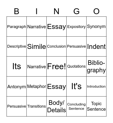 Writing Class Bingo Card
