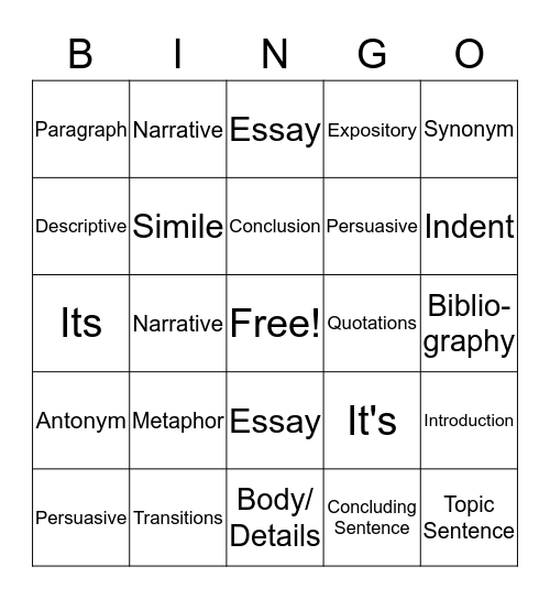 Writing Class Bingo Card