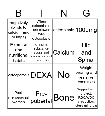 Osteoporosis Bingo Card