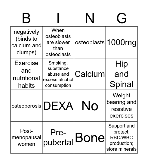 Osteoporosis Bingo Card