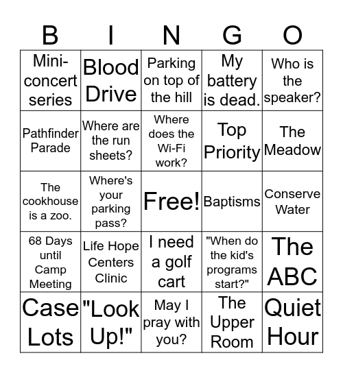 Camp Meeting Bingo Card