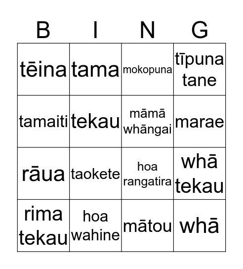 Pepeha Whakapapa Bingo Card
