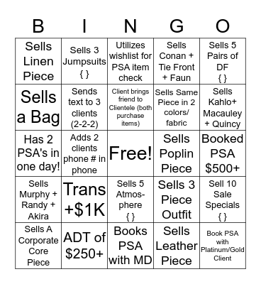 Aritzia Clientele 2019  Bingo Card