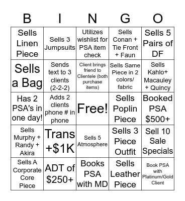 Aritzia Clientele 2019  Bingo Card