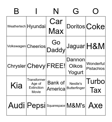 Superbowl Commercial Bingo Card