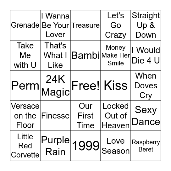 Bruno Mars Vs. Prince Bingo Card