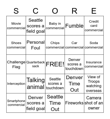 Superbowl XLVIII- Football & Commercial Bingo Card