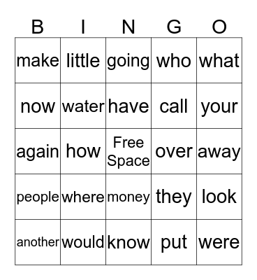 Sight Words Bingo Card