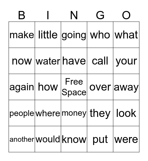 Sight Words Bingo Card