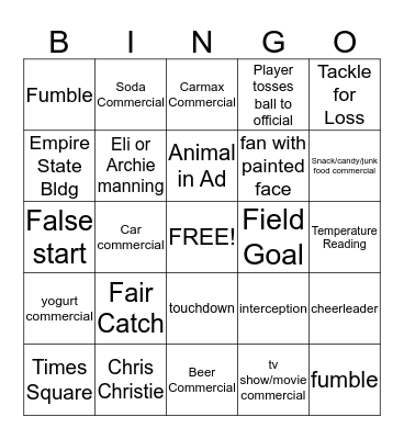 Super Bowl Bingo Card