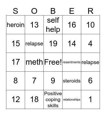 SOBER Bingo Card