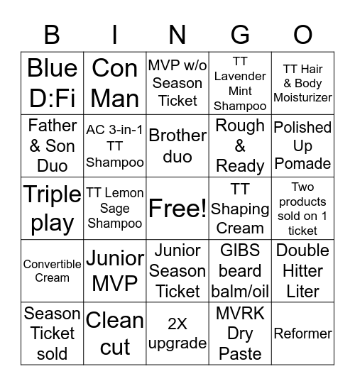 SportClips Bingo Card