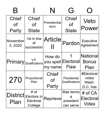 Executive Branch Bingo Card