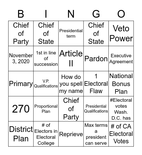 Executive Branch Bingo Card