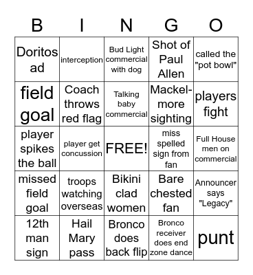 Super Bowl BINGO Card