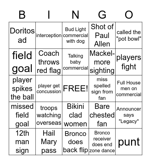 Super Bowl BINGO Card