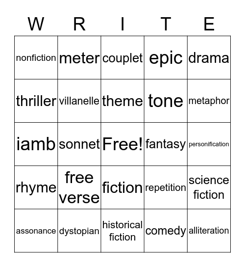 Poetry and Genre Bingo Card