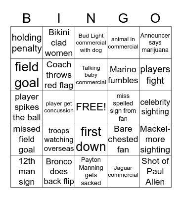 Super Bowl BINGO Card