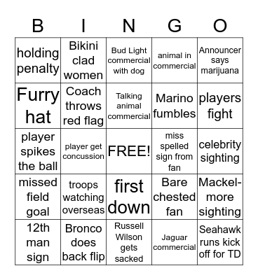 Super Bowl BINGO Card