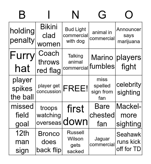 Super Bowl BINGO Card