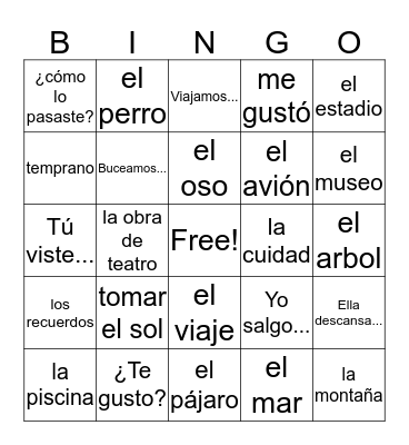 de Vacaciones Vocabulary Bingo Card