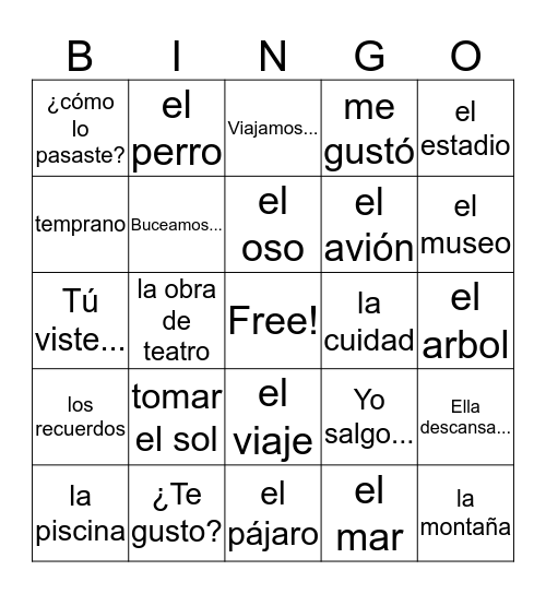 de Vacaciones Vocabulary Bingo Card