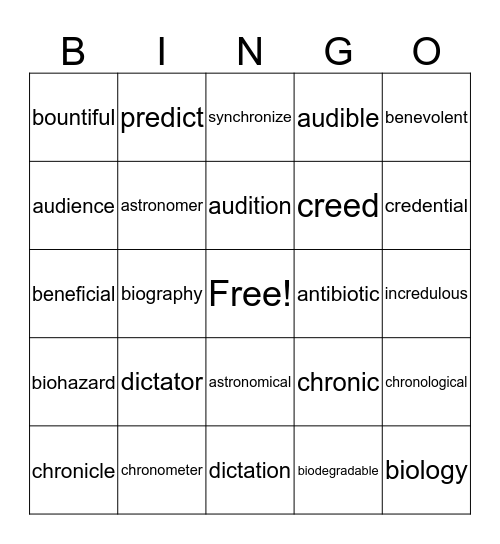 Greek & Latin Roots Bingo Card