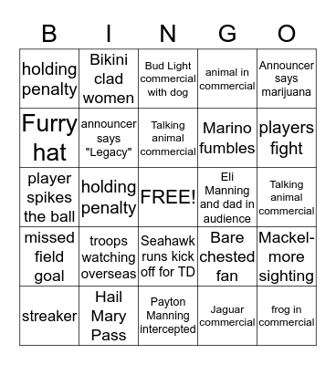 Super Bowl BINGO Card