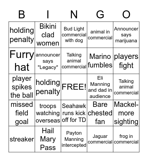 Super Bowl BINGO Card