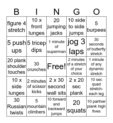 Fitness Bingo Card